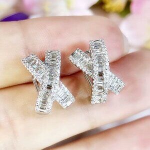 18k White Gold Baguette Diamond Earrings X Shaped Stud Earrings